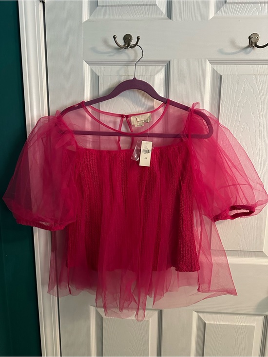 Anthropologie Tops - Anthropologie Sheer Puff-Sleeve Peasant Top - Hot Pink